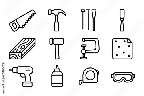 Woodworking Tools Icons. Outline icon set of woodworking crafts: saw, hammer, nails, chisel, wood plank,