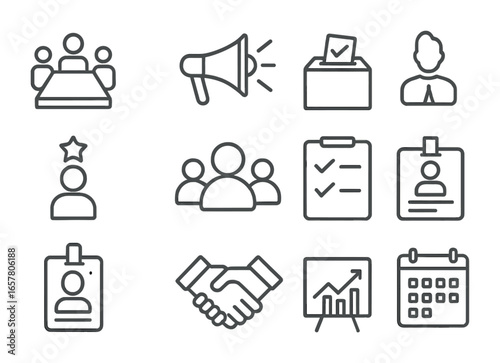 Camp Governance Icons. Outline icon set of camp governance: meeting table, megaphone, ballot box, leader,