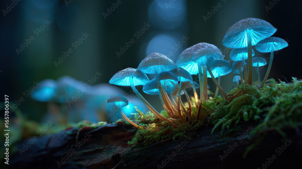 Fototapeta premium Glow-in-the-dark Mushrooms: Mystical scene with a cluster of glowing, bioluminescent mushrooms illuminating a dark, mossy forest floor. 