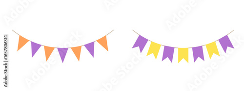 Colorful bunting flags on string for birthday party decoration, holiday anniversary fabric garlands design, modern festive hanging decor. Isolated. Vector illustration.