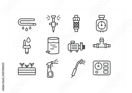 Eco-Friendly Irrigation Icons. Outline icon set of eco-friendly irrigation: drip hose, sprinkler head,