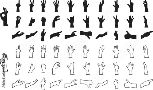 All hand gestures signs icons set in flat and line styles. Collection of finger symbols and palm group. Thumbs up, pointing, peace, rock, ok, fist, stop, open hand, and handshake vector illustration.