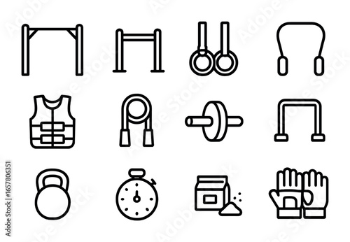 Street Workout Icons. Outline icon set of street workout: pull-up bar, parallel bars, gymnastic rings,