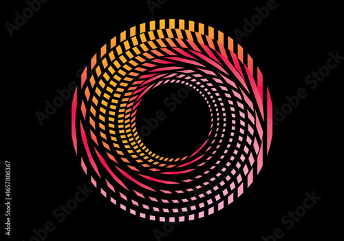 Vector background of rotating elliptical 3D shapes, consisting of a pattern of squares and wavy lines with colorful gradations.