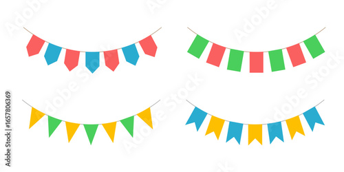 Colorful bunting flags on string for birthday party decoration, holiday anniversary fabric garlands design, modern festive hanging decor. Isolated. Vector illustration.