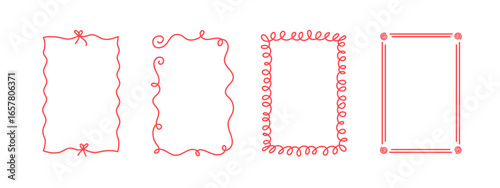 Hand-drawn wavy frames set, squiggle curly swirl ribbons cadre, trendy modern vintage edgings elements, elegant border design stamps. Isolated. Vector illustration.