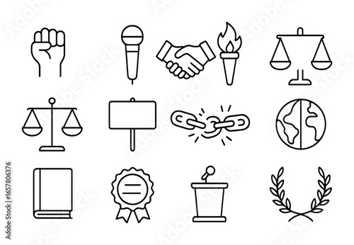 Civil Rights Icons. Outline icon set of civil rights history: raised fist, microphone, handshake, torch,