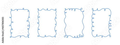 Hand-drawn wavy frames set, squiggle curly swirl ribbons cadre, trendy modern vintage edgings elements, elegant border design stamps. Isolated. Vector illustration.