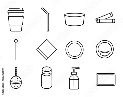 Coffee Accessories Icons. Outline icon set of coffee accessories: travel mug, reusable straw, cup sleeve,