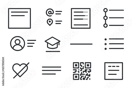 Minimalist CV Icons. Outline icon set of minimalist CV/resume layouts: header with name, contact icons, skills