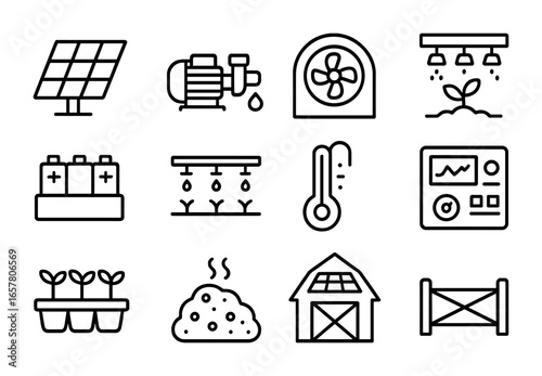 Solar Agriculture Icons. Outline icon set of solar-powered agriculture: solar panel array, water pump,