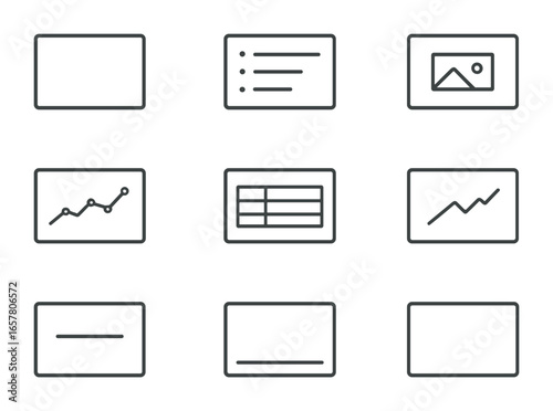 Minimal Slide Icon Set. Outline icon set of minimalist presentation slides: title slide, plain bullet list,