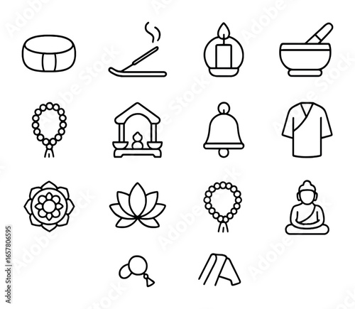 Meditation Ritual Icons. Outline icon set of meditation rituals: meditation cushion, incense, candle, singing