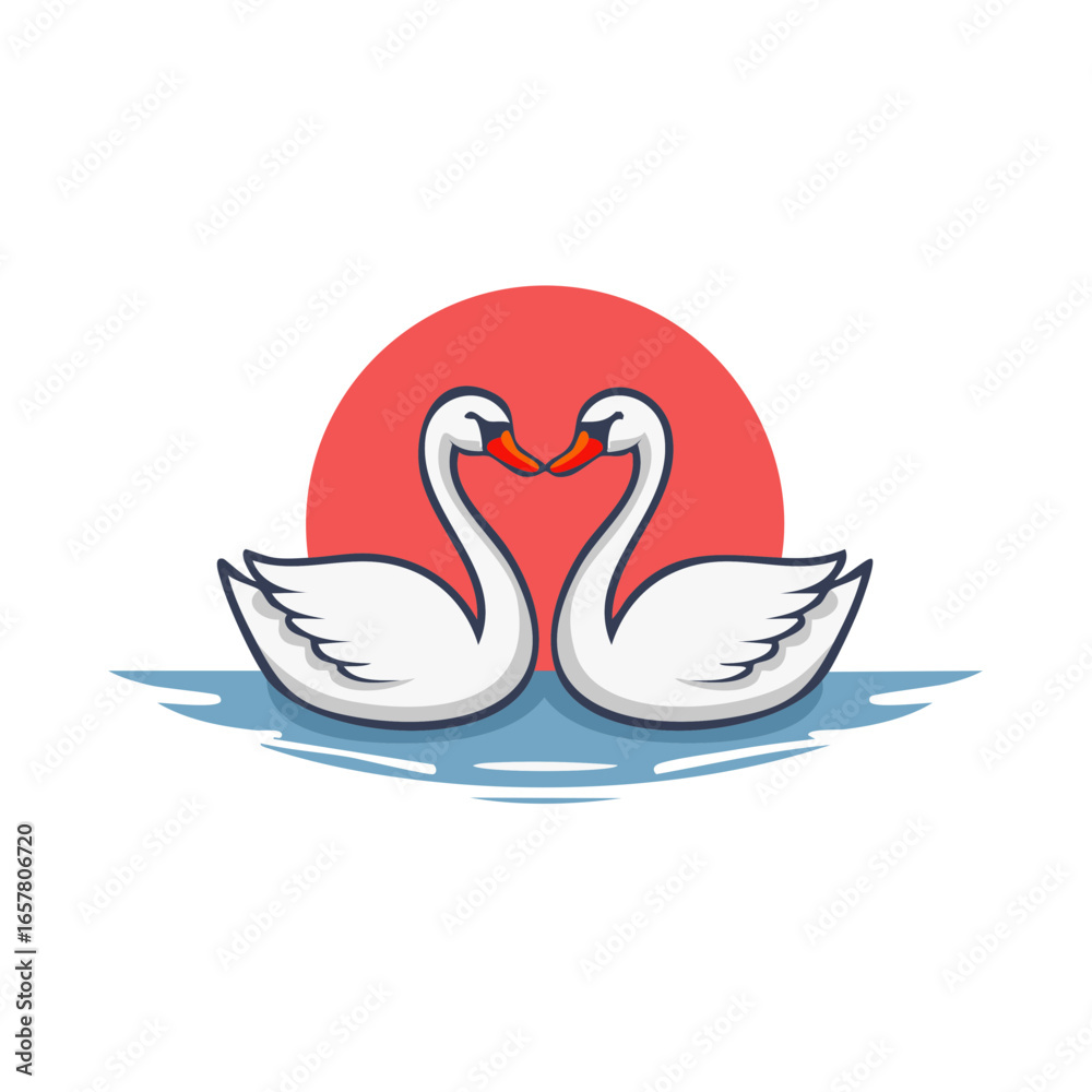 Fototapeta premium Pair of Swans Forming Heart Shape with Necks on Water against a Red Circle
