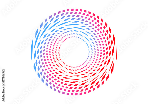 Vector background of rotating elliptical 3D shapes, consisting of a pattern of squares and wavy lines with colorful gradations.