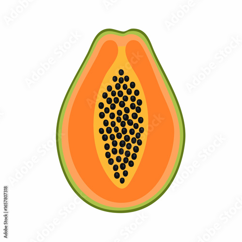 Illustration of a cut papaya with seeds on a white background.