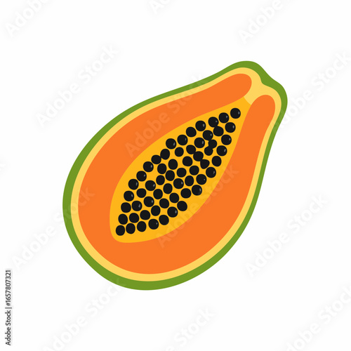 Illustration of a halved papaya with black seeds and orange flesh.