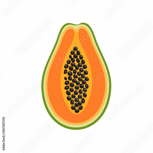 A vibrant half papaya with black seeds, showcasing its juicy orange flesh and green skin.