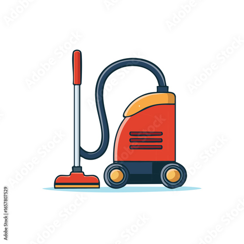 Cartoon-style vector illustration of a red vacuum cleaner with wheels and a hose for cleaning