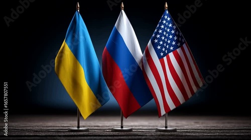 Three flags displayed on stands: Ukraine, Russia, and the USA. The scene symbolizes international negotiations and peace efforts amid conflict.