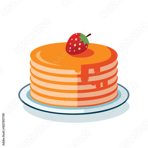 Stacked Pancakes Topped with Syrup and a Strawberry on a Plate Illustration, Delicious Morning Breakfast Treat Graphic