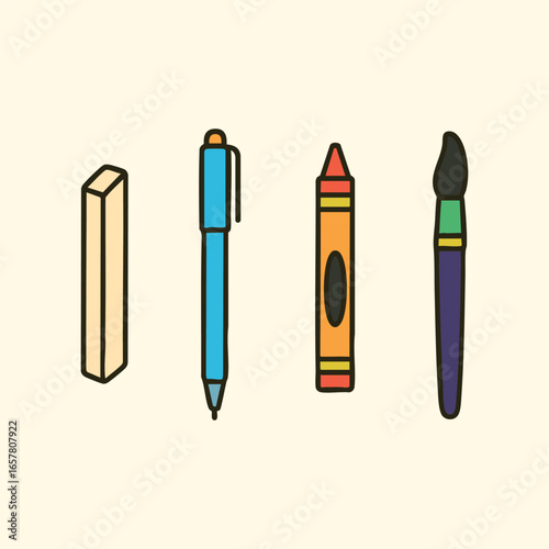 Colorful drawing tools vertical pencil crayon brush pen and marker