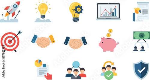 Achieve business goals with these essential finance and team icons