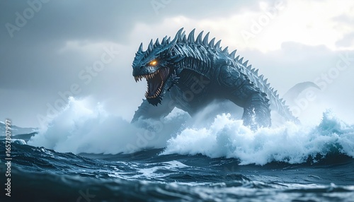 Fototapeta Naklejka Na Ścianę i Meble -  Giant sea monster emerging from stormy waves symbolizing myth fear cinematic imagination and the timeless human fascination with legendary creatures in ocean depths