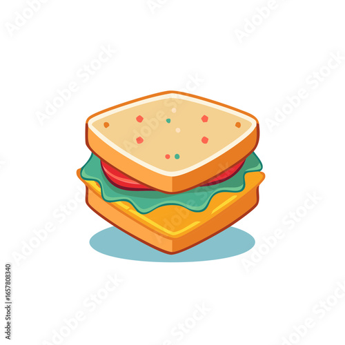 Square Sandwich with lettuce and tomato on sliced bread, modern stylized food illustration with vibrant colors, appetizing treat