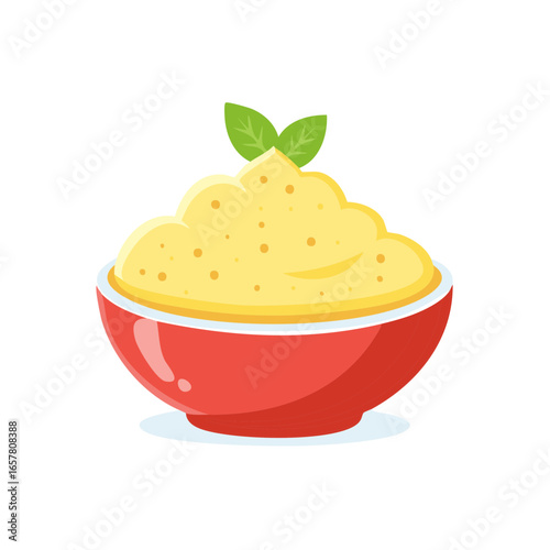 Bowl of Cornmeal Mush with Green Leaves Garnish - Creamy Porridge Meal