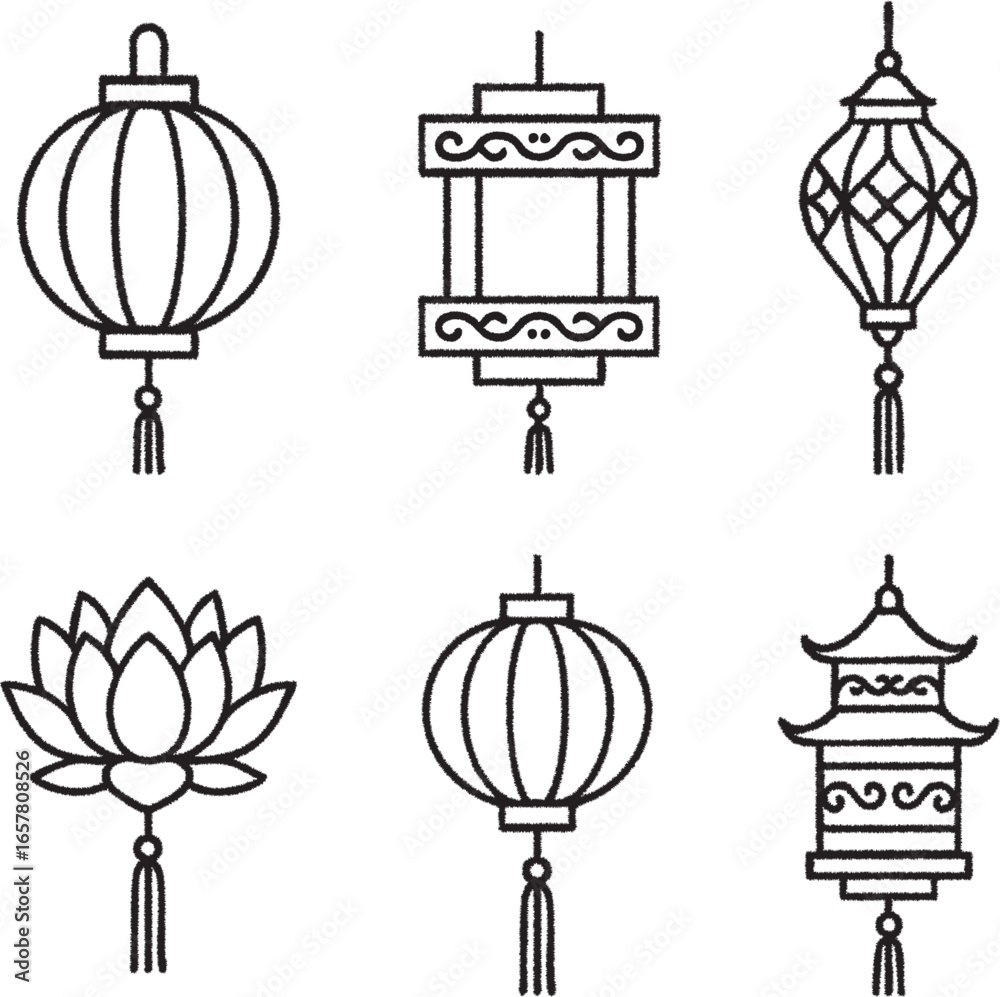Naklejka premium Asian lanterns and lotus line art vertical arrangement on white