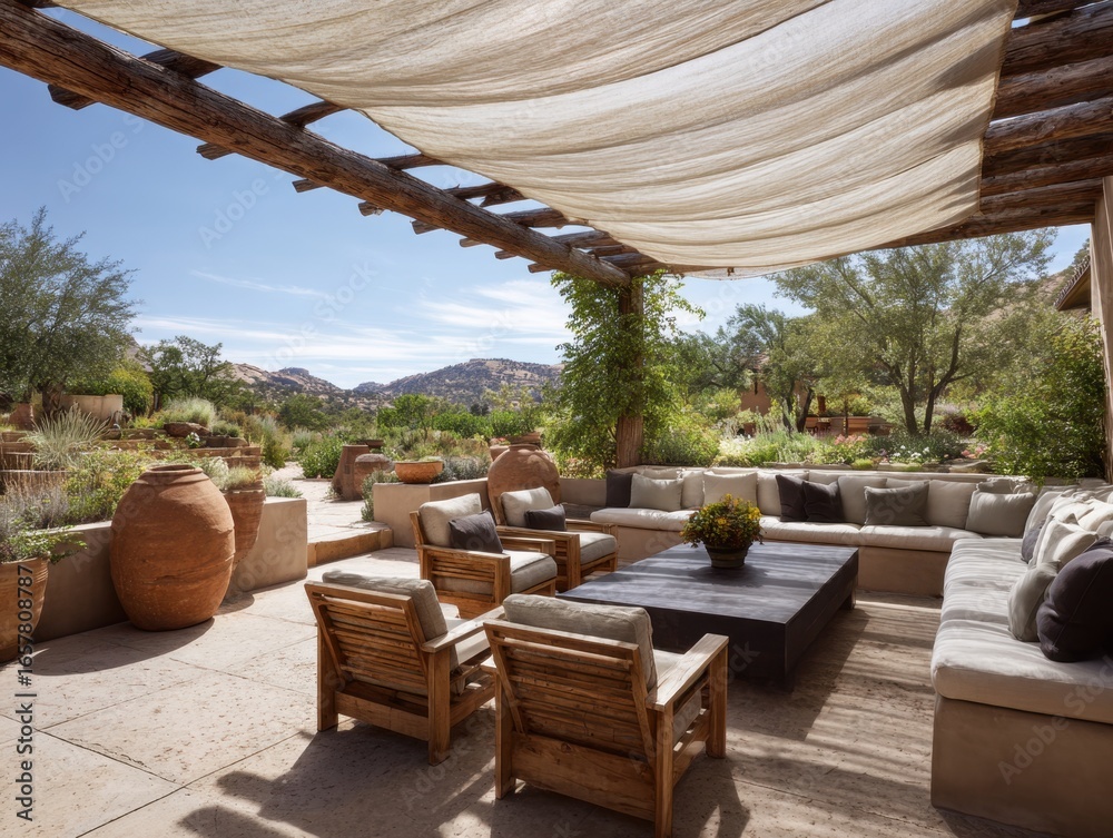 Fototapeta premium A patio with a white canopy and a table with a vase on it. There are several chairs and couches