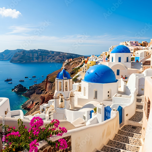 Picturesque Oia Santorini Greece Whitewashed Buildings Blue Domes Aegean Sea View