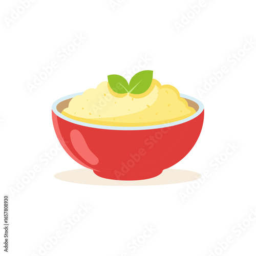 Cartoon Style Bowl of Creamy Mashed Potatoes with Green Leaf Garnish