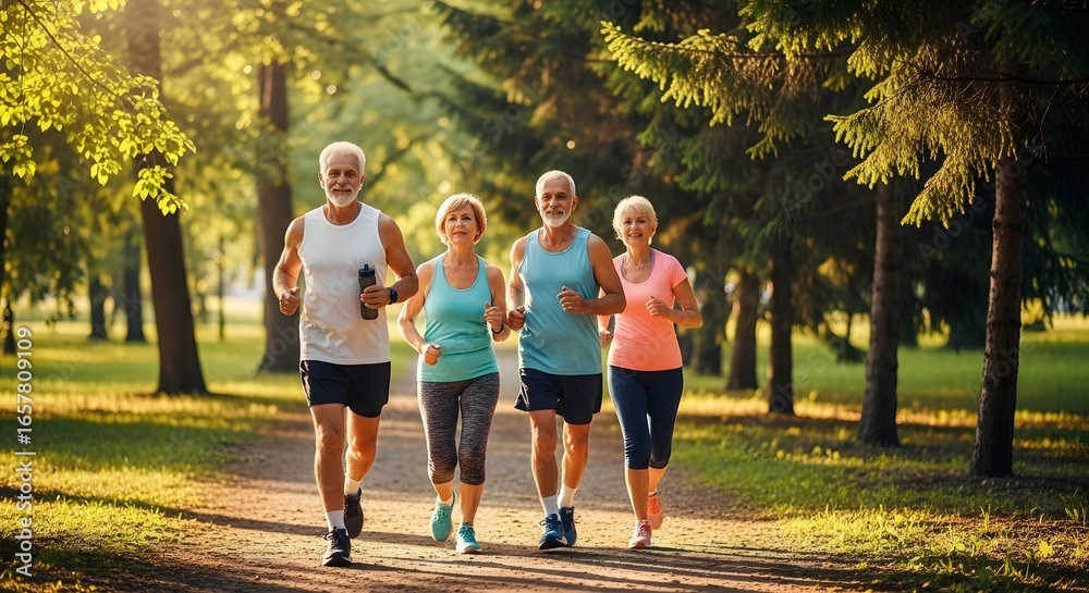 Fototapeta premium A mature group of men and women running together a park during sunset. Afternoon with family and friends