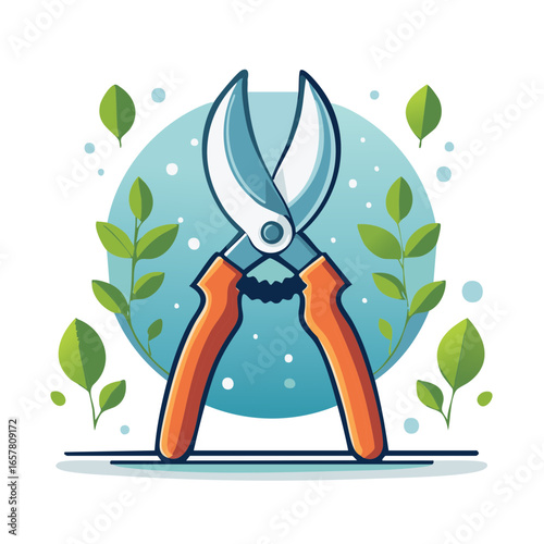 Garden shears illustration featuring leaves, pruning tool with orange handles, light backdrop