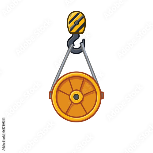 Construction Crane Lifting Pulley with Hook and Wheel Machinery Equipment for Industrial Use and Building Projects, Cartoon Style Vector