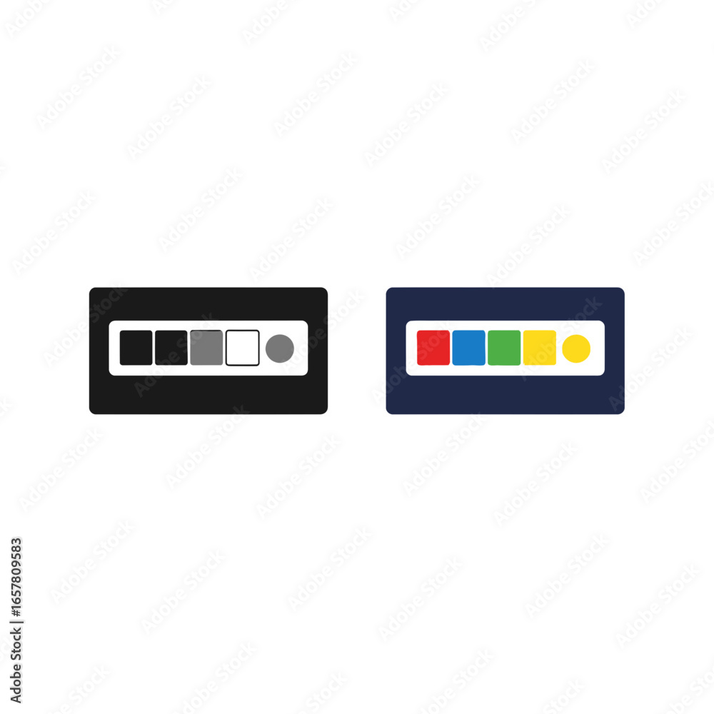 Obraz premium Two minimalist rectangular icons, one black with grayscale squares and one blue with colorful squares, representing color palettes or digital interfaces.