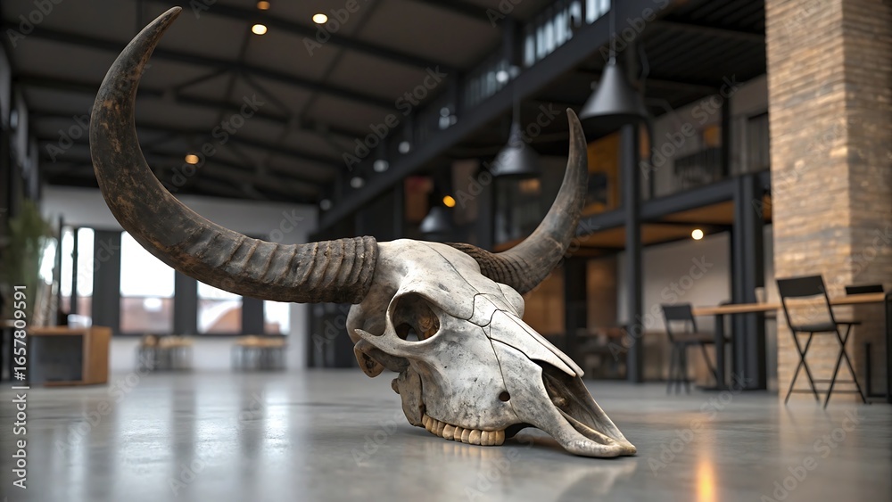 Fototapeta premium A bull skull with large horns on a concrete floor in a modern space