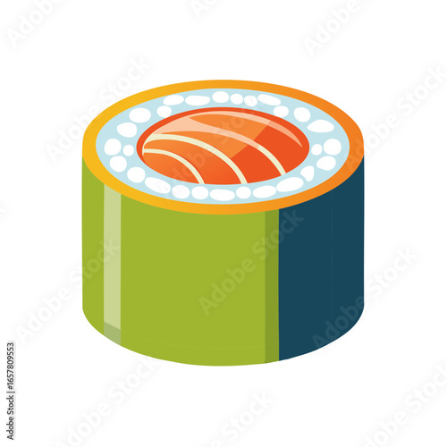 Vibrant sushi roll with salmon filling, rice, and seaweed wrapper, presented in an appetizing and colorful composition.
