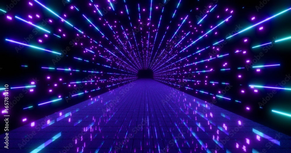 Fototapeta premium Futuristic glowing reflection floor background. Shining geometric purple lines inside corridor in perspective. Bright retro digital cyberspace. 3D rendering.