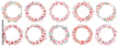 ピンクのフラワーリースの水彩風ベクターセット 花冠 / 花輪と草の可愛いイラスト 