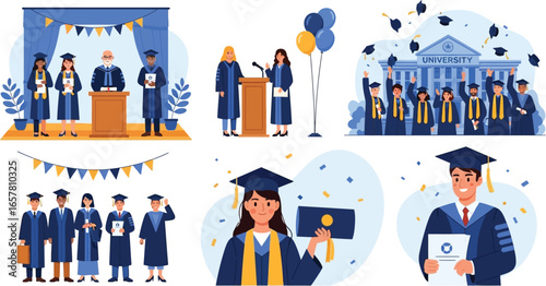 Celebrate graduation success with happy students receiving diplomas and tossing caps