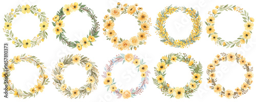 イエローのフラワーリースの水彩風ベクターセット 花冠 / 花輪と草の可愛いイラスト 