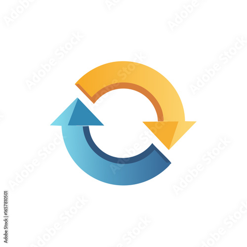 Rotating arrow symbol in blue and yellow suggesting recycling process