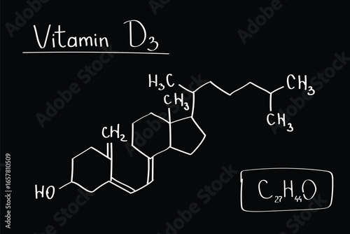 Vitamin D3 Molecule Structure with Chemical Formula Medical Illustration for Nutrition, Biology Education, Healthcare Posters and Supplement Research