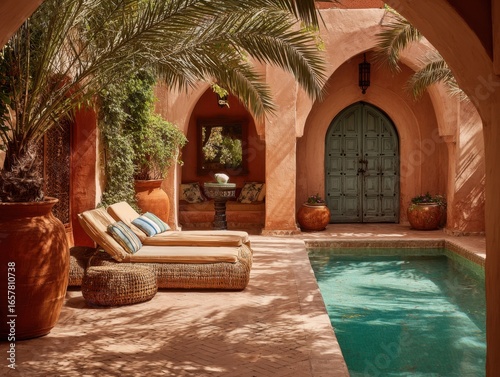 A pool with a green door and a tan patio with two lounge chairs. There are two vases on the patio