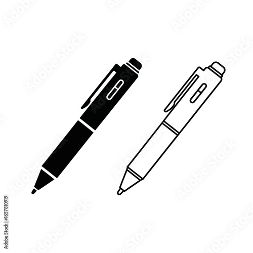 Two pens, one black and one outlined, shown from a side angle on a white background.
