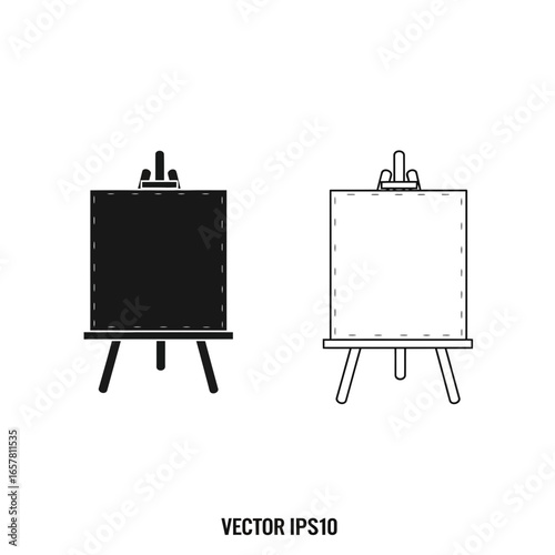 Black and white outline and solid icon of an art easel with a blank canvas.