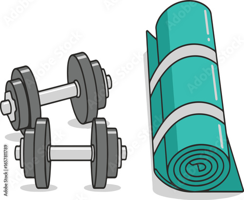 Flat Vector Illustration of Dumbbells and Yoga Mat for Fitness